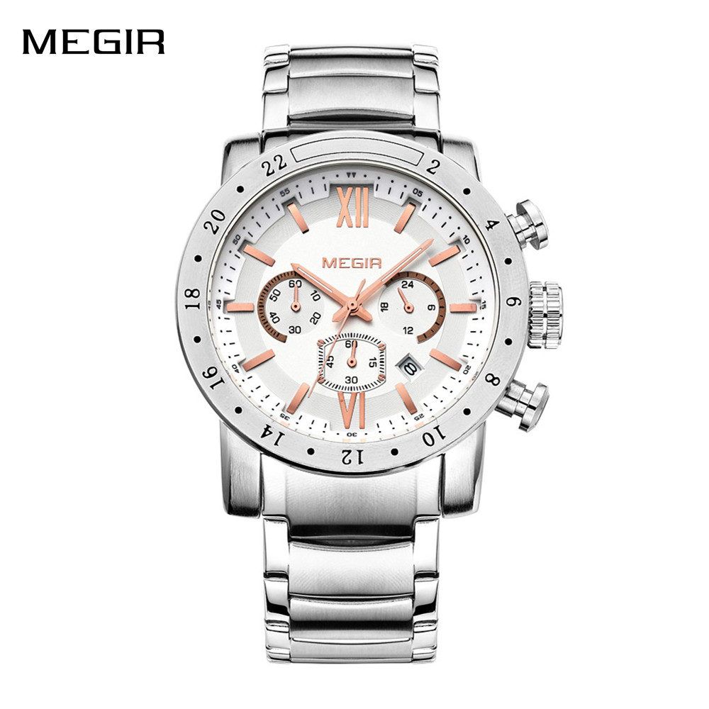 Smartwatch Touch - MEGIR นาฬิกาลำลองสแตนเลสสำหรับผู้ชายกันน้ำหน้าปัดเรืองแสงผู้ชายควอตซ์นาฬิกาข้อมือธุรกิจพร้อมโครโนกราฟวันที่อัตโนมัติ