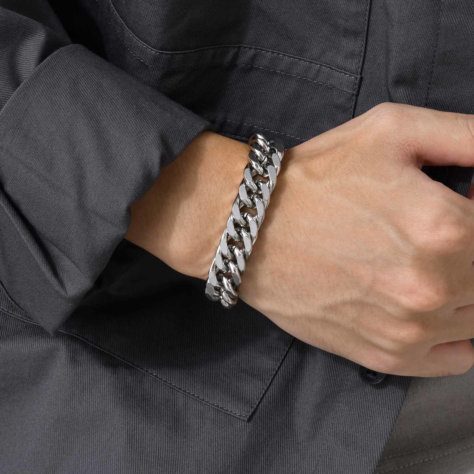 Ceramic Link Bracelet - สร้อยข้อมือคิวบันสแตนเลสสตีลหนา 8/10/12/15 มม. สำหรับผู้ชาย สีเงินไม่ซีดจาง สไตล์ฮิปฮอป