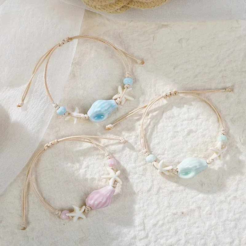 Ceramic Link Bracelet - Bohemian Conch ปลาดาวเปลือกหอยสร้อยข้อมือลูกปัดผู้หญิง Boho สไตล์ Beaded